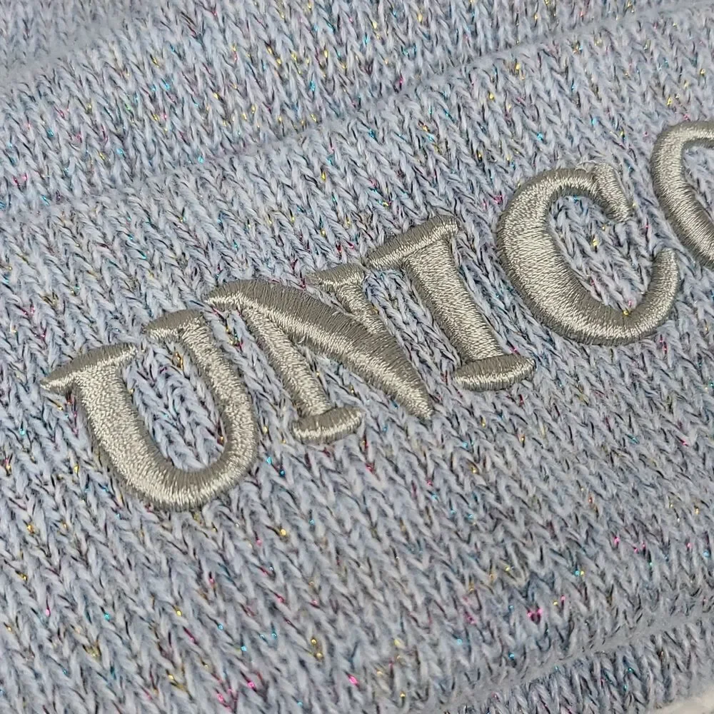UNICORN Embroidered Light Blue Fuzzy Pom Pom Beanie Knit Winter Hat One Size NEW